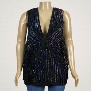 Vintage Distressed Frayed Multicolor Fabric Stripe Vest Top LARGE XL Art To Wear